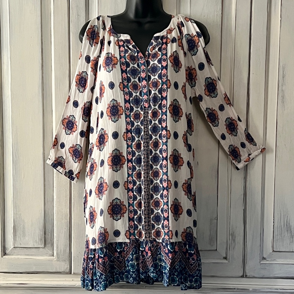 🟠RED CAMEL 3/4 Sleeve Cold Shoulder Lined Mini Dress Coral/Navy/Cream Paisley LG